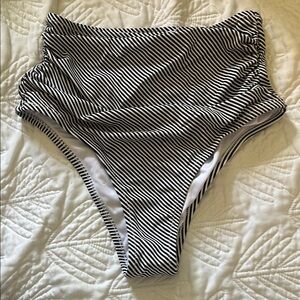 Striped Black and White High-Waisted Bikini Bottom